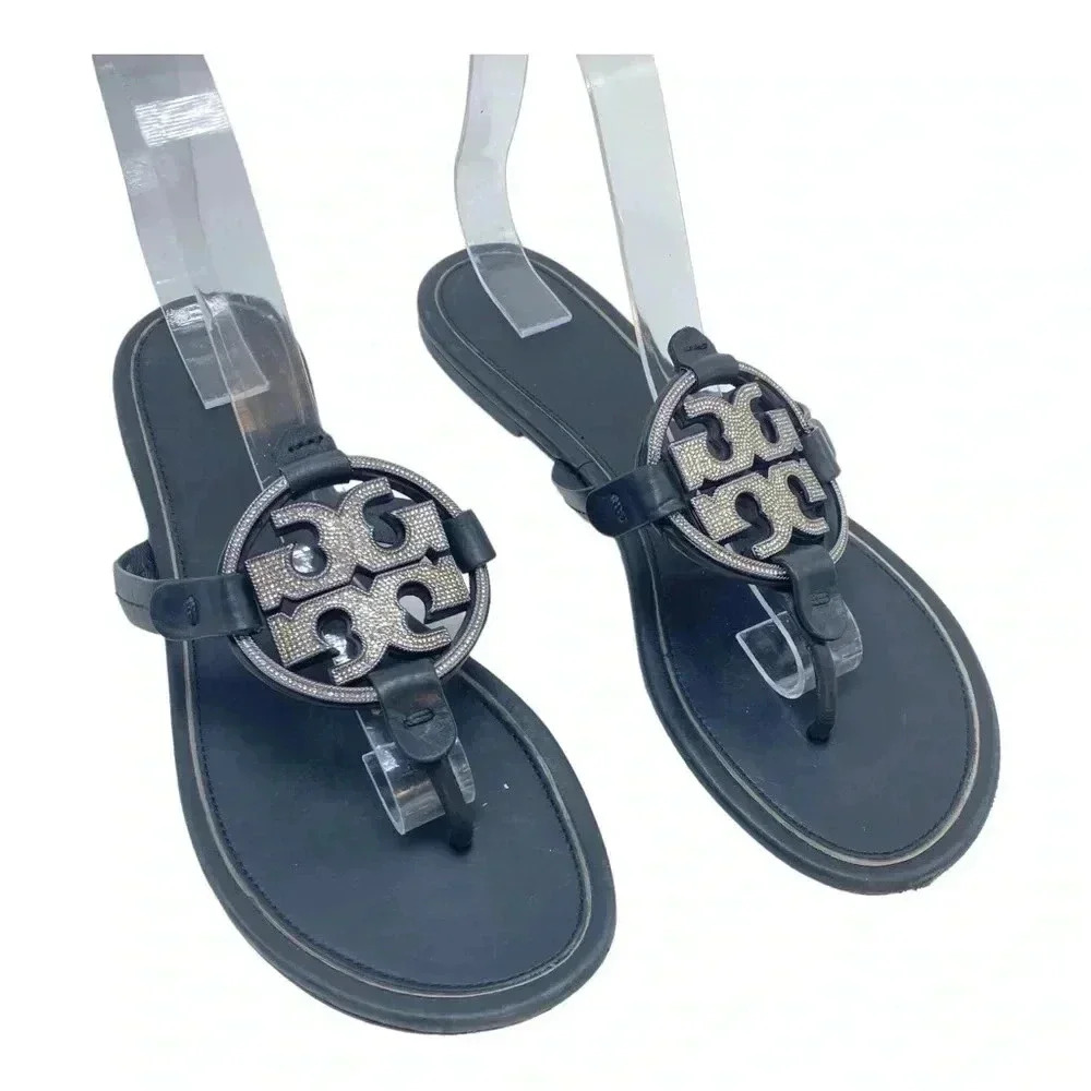 Tory Burch Miller rhinestone black leather thong Sandal size 9.5